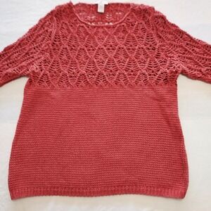 Chico's Women Sz 1 M Coral‎ Terracotta Crochet Open Knit Pullover Sweater Boho